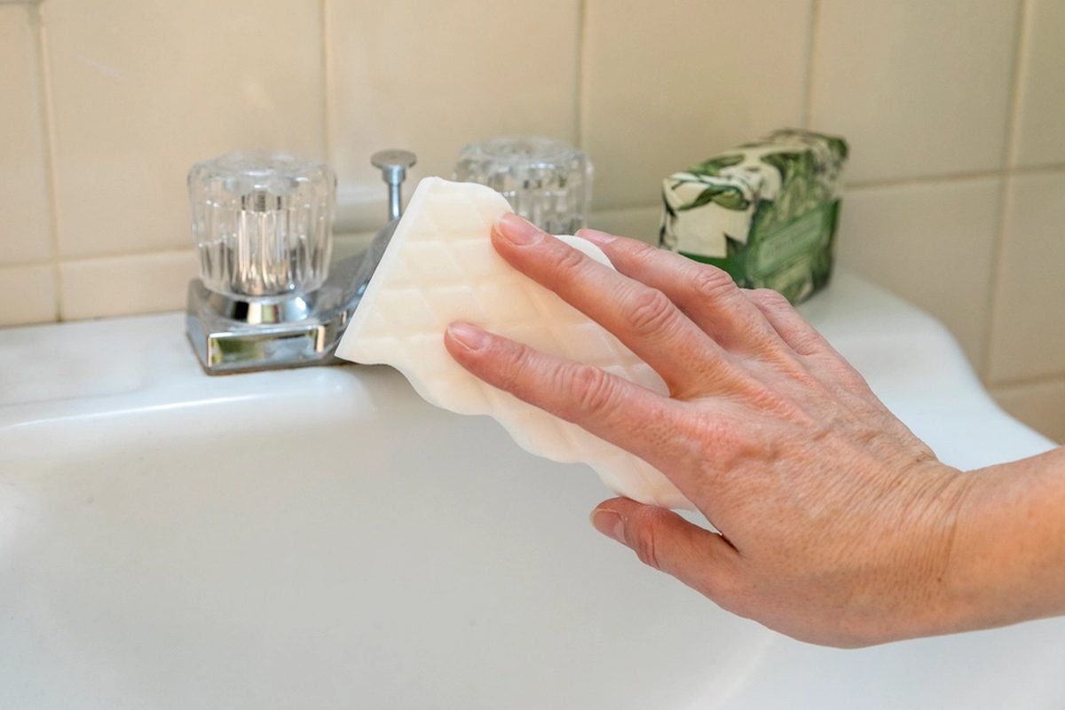 A hand wiping a bathroom basin with a cloth