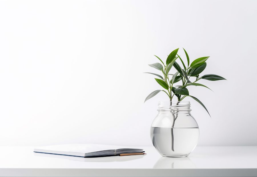 A clean, minimal office desk with a plant